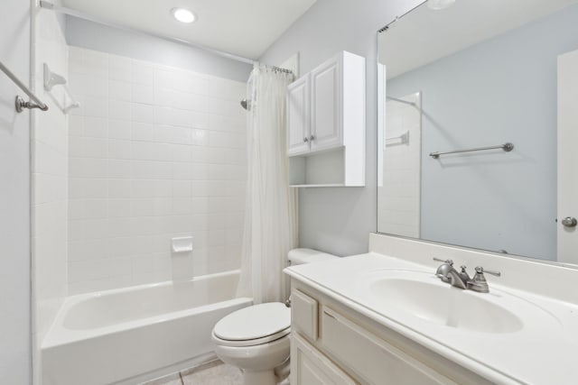 full bathroom with shower / bath combo, vanity, tile patterned floors, and toilet