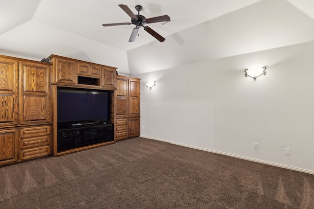 unfurnished living room featuring ceiling fan, lofted ceiling, and dark carpet