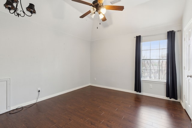 900 Thimbleberry Dr, Mckinney, TX 75071 - unfurnished room with high vaulted ceiling, baseboards, wood finished floors, and ceiling fan with notable chandelier