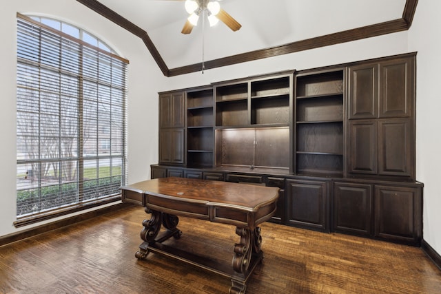 home office featuring crown molding, dark hardwood / wood-style flooring, and ceiling fan