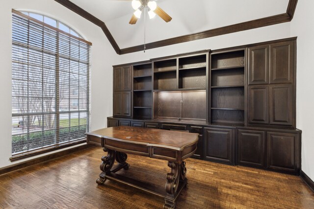900 Thimbleberry Dr, Mckinney, TX 75071 - office space featuring dark wood-type flooring, a ceiling fan, crown molding, and vaulted ceiling