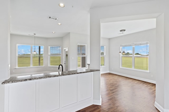 kitchen with pendant lighting, dark stone counters, dark hardwood / wood-style flooring, and white cabinets