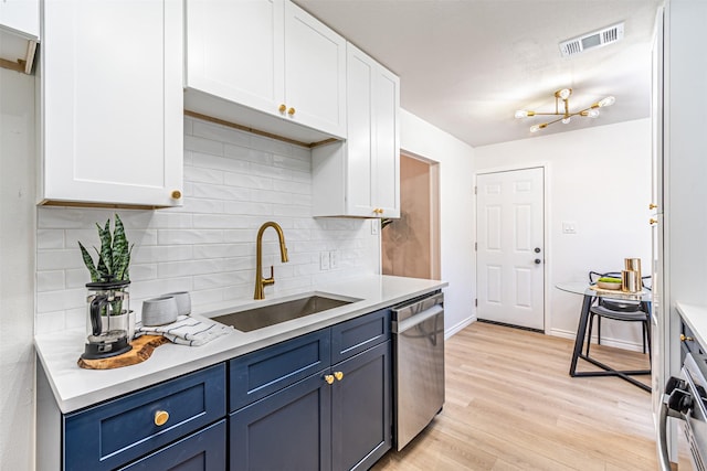 kitchen with appliances with stainless steel finishes, sink, white cabinets, and blue cabinetry