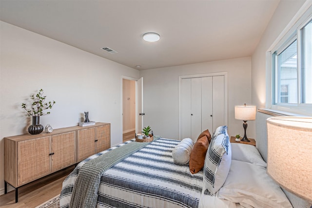 bedroom featuring wood-type flooring and a closet