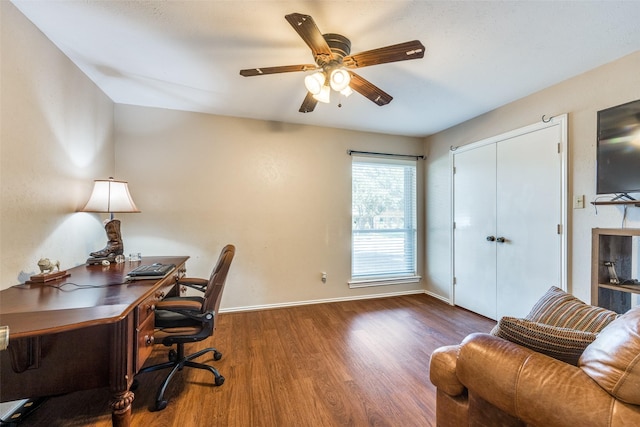 office featuring dark hardwood / wood-style flooring and ceiling fan