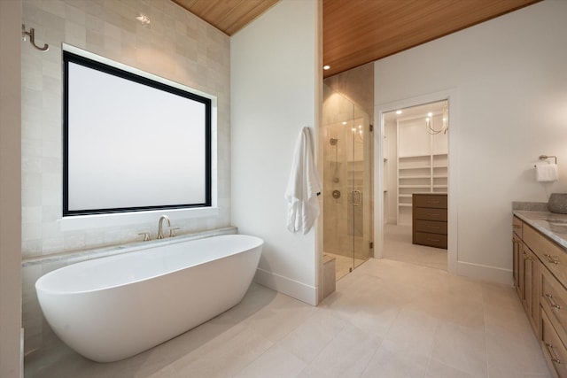 bathroom featuring vanity, separate shower and tub, tile patterned flooring, and wooden ceiling