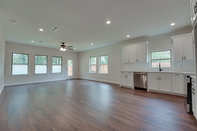 kitchen with white cabinetry, stainless steel appliances, dark hardwood / wood-style floors, and a wealth of natural light