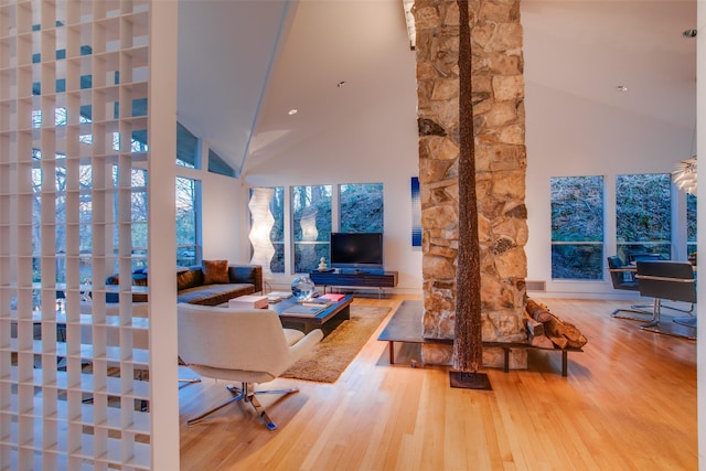 living room featuring hardwood / wood-style flooring and high vaulted ceiling