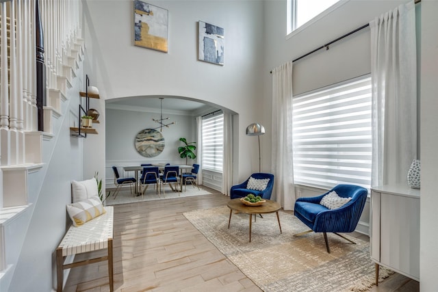 living area featuring crown molding, light hardwood / wood-style flooring, a towering ceiling, and plenty of natural light