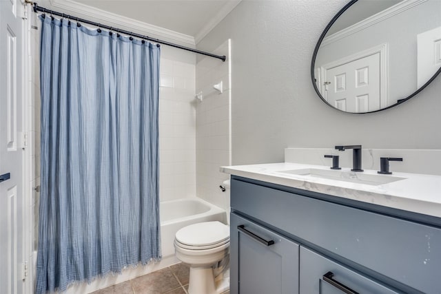 full bathroom featuring shower / tub combo, tile patterned flooring, vanity, ornamental molding, and toilet