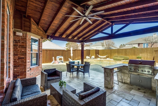 view of patio / terrace with ceiling fan, a gazebo, outdoor lounge area, a grill, and area for grilling