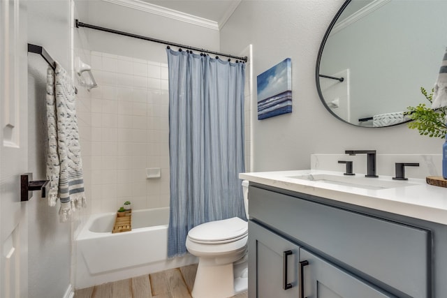 full bathroom with toilet, ornamental molding, vanity, shower / bath combo with shower curtain, and hardwood / wood-style floors