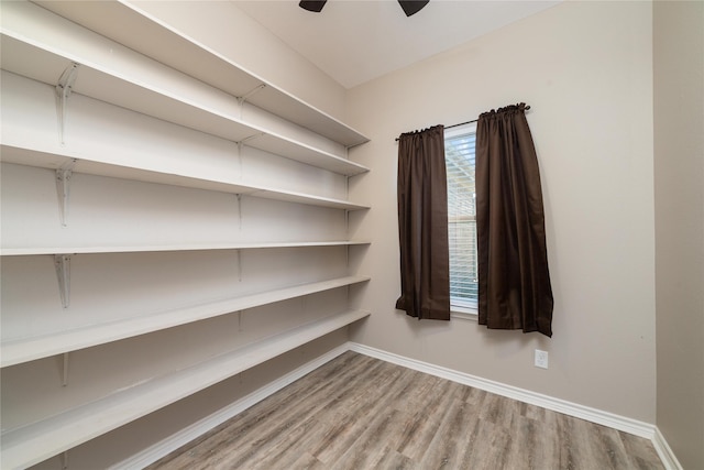 interior space with ceiling fan