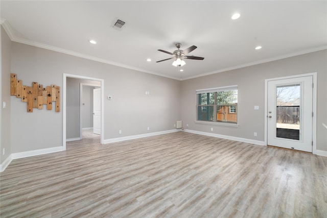 unfurnished living room with crown molding, ceiling fan, and light wood-type flooring