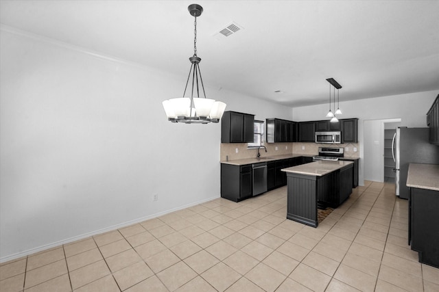 kitchen featuring pendant lighting, sink, decorative backsplash, a center island, and stainless steel appliances