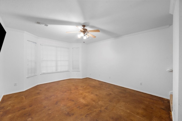 unfurnished room featuring ornamental molding and ceiling fan