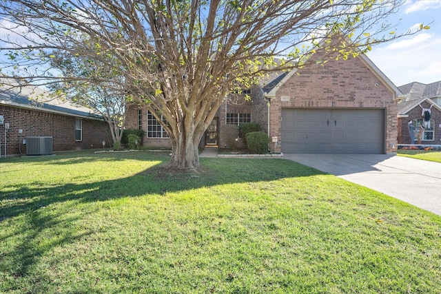 view of front of property with central AC, a garage, and a front lawn