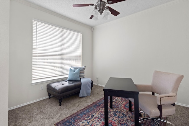 office space with a textured ceiling, carpet floors, and a healthy amount of sunlight