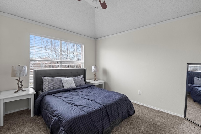 bedroom featuring ornamental molding, vaulted ceiling, carpet, and a textured ceiling