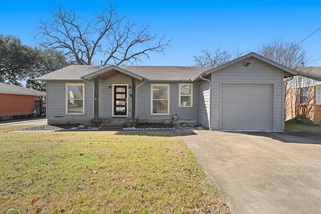 ranch-style house with a garage and a front yard