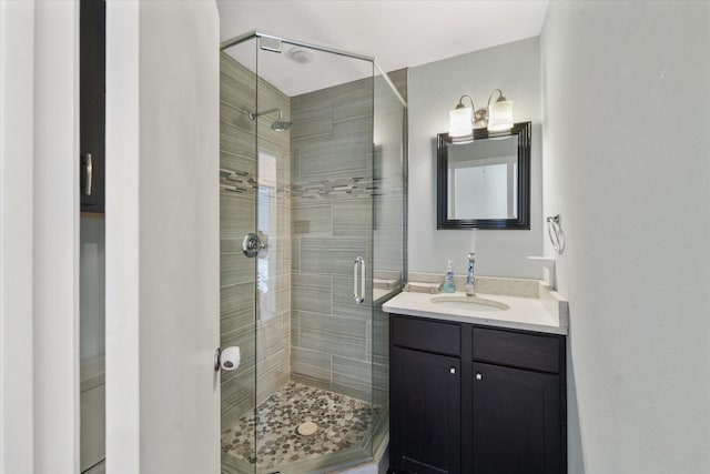 bathroom featuring vanity and a shower with shower door