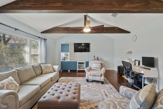 living room featuring vaulted ceiling with beams, dark wood-type flooring, and ceiling fan