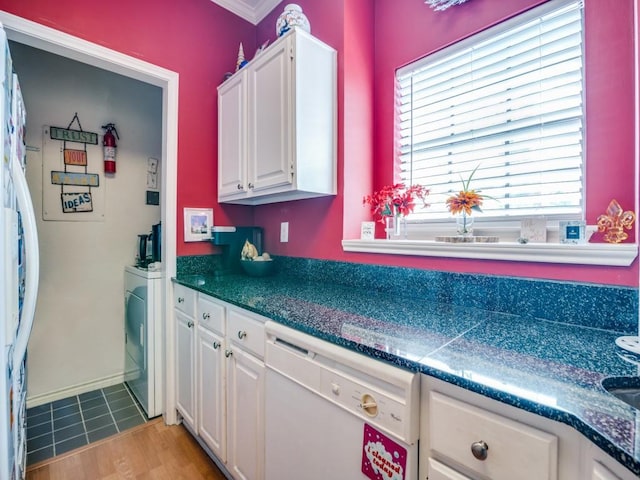 kitchen featuring white cabinetry, white appliances, and light hardwood / wood-style flooring