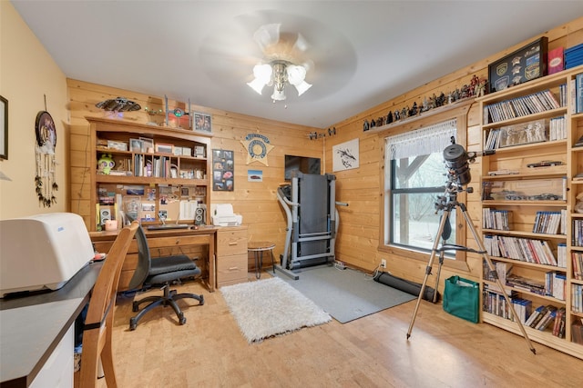 office space with ceiling fan, light hardwood / wood-style floors, and wood walls