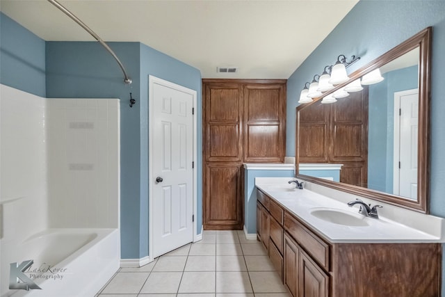 full bathroom with tile patterned flooring, shower / tub combination, visible vents, and a sink