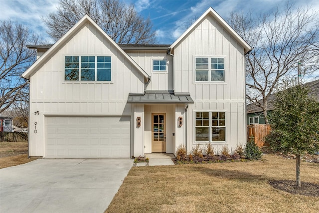 modern farmhouse style home featuring a garage and a front yard