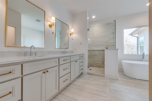 bathroom featuring vanity and independent shower and bath