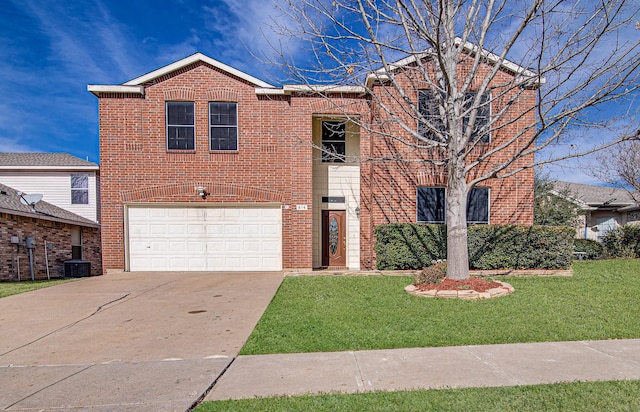 view of front property featuring a garage, cooling unit, and a front lawn