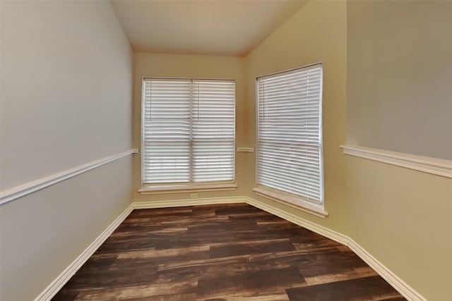 unfurnished room with lofted ceiling and dark wood-type flooring