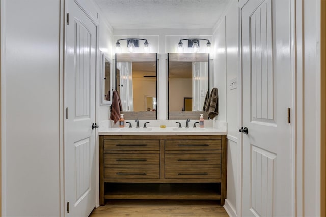 bathroom with vanity, wood-type flooring, and a textured ceiling