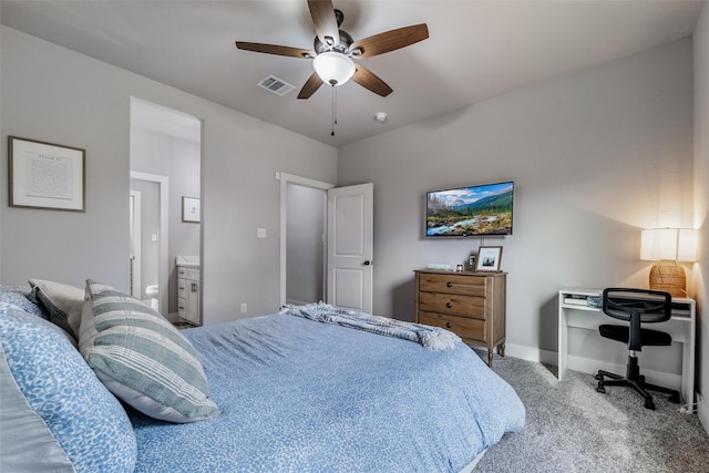 bedroom featuring light carpet and ceiling fan