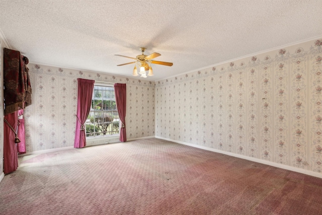 carpeted empty room featuring crown molding, ceiling fan, and a textured ceiling