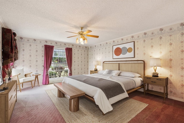 carpeted bedroom featuring ceiling fan, crown molding, a textured ceiling, and access to exterior