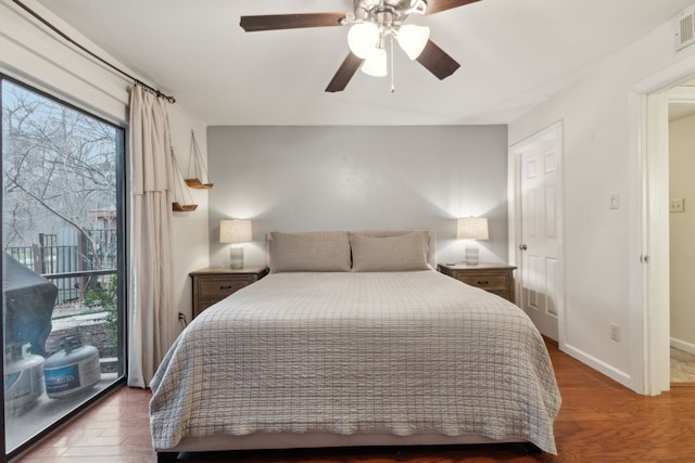 bedroom with hardwood / wood-style flooring, ceiling fan, and access to outside