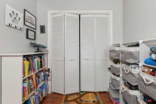 interior space with dark wood-type flooring and a closet