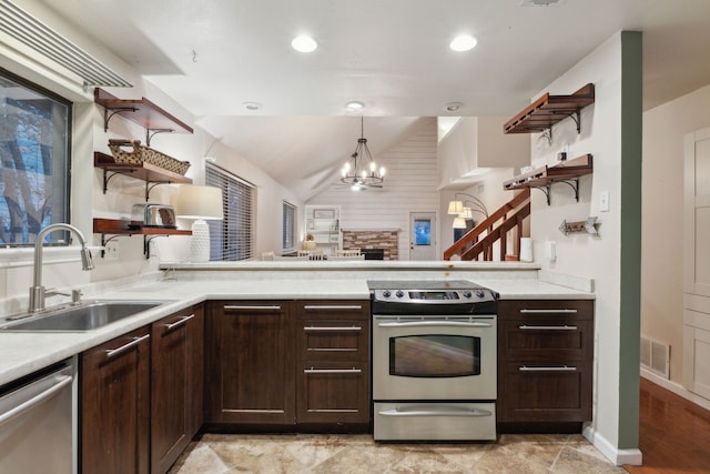 kitchen with sink, decorative light fixtures, dark brown cabinets, a notable chandelier, and stainless steel appliances