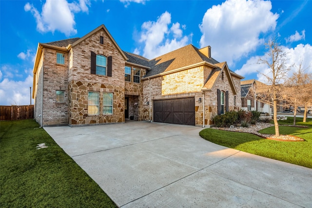 view of front property featuring a garage and a front lawn