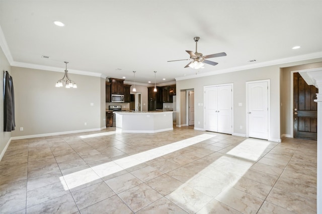 unfurnished living room with ornamental molding and ceiling fan with notable chandelier