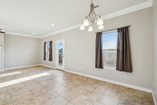 unfurnished room with ornamental molding, light tile patterned floors, and a chandelier