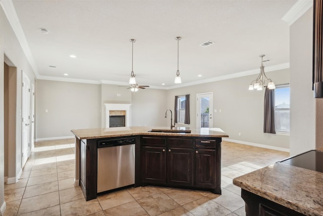 kitchen featuring sink, dark brown cabinets, ornamental molding, dishwasher, and an island with sink