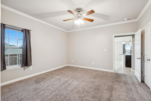 empty room featuring crown molding, light colored carpet, and ceiling fan