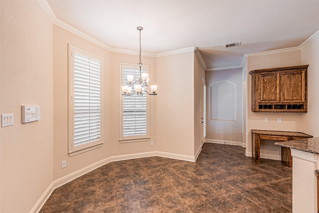 unfurnished dining area with an inviting chandelier and crown molding