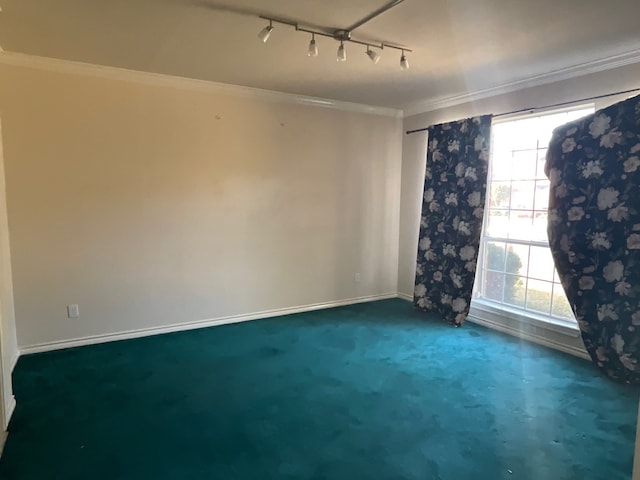 empty room with carpet floors, ornamental molding, and rail lighting