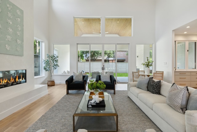 living room with a large fireplace, light hardwood / wood-style flooring, and a towering ceiling