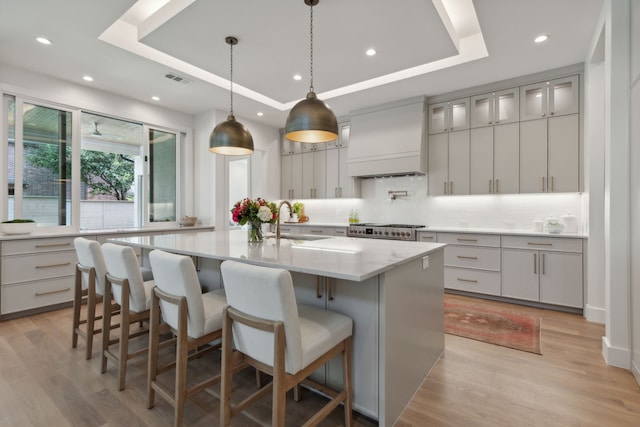 kitchen with a raised ceiling, a large island, sink, and custom range hood