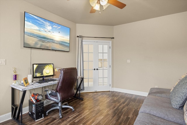 home office featuring dark hardwood / wood-style flooring, french doors, and ceiling fan